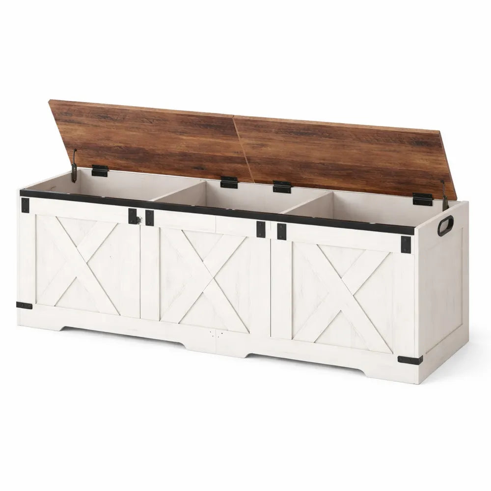 Banc de rangement polyvalent avec coffre intégré pour entrée et salon, 40 x 150 x 48,5 cm, blanc et marron