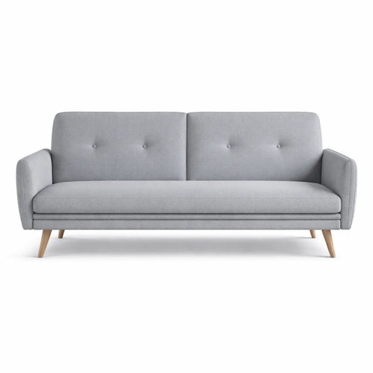 Canapé-lit en tissu gris clair avec pieds en bois