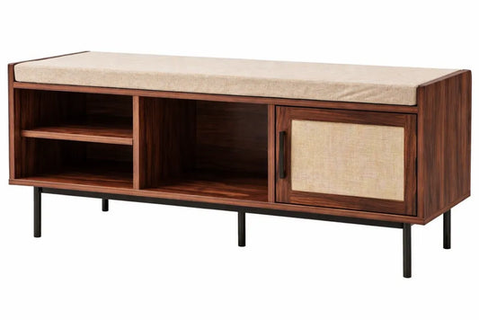 Meuble à Chaussures en Noyer avec Rangement Tissu Beige, 3 Niches