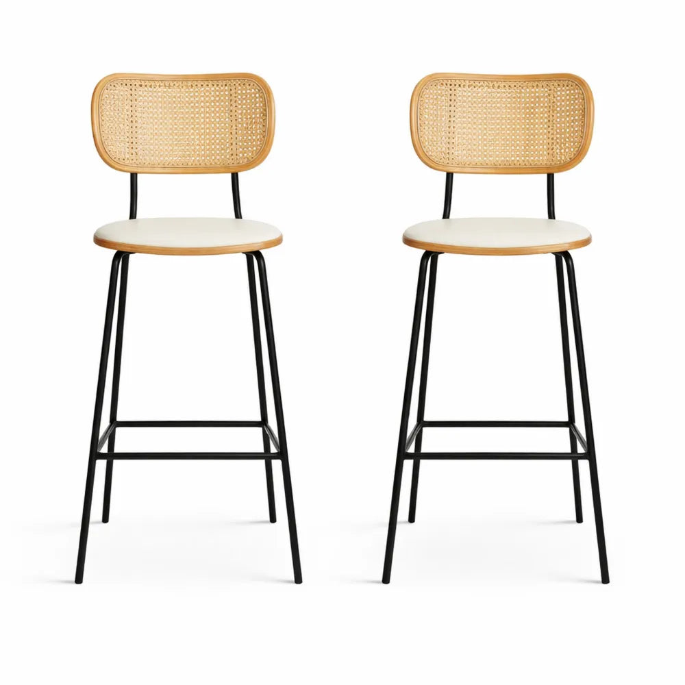 Tabourets de Bar en Rotin avec Coussin en Cuir PU, Pied Métal