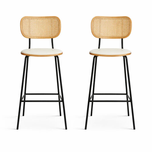 Tabourets de Bar en Rotin avec Coussin en Cuir PU, Pied Métal