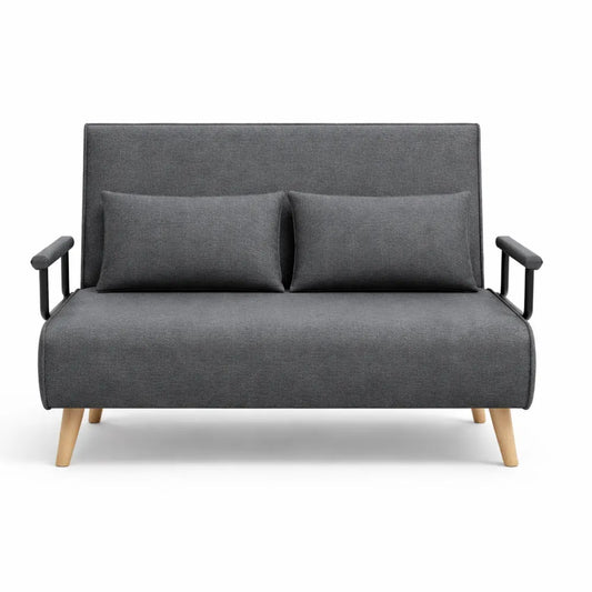 Canapé-lit 2 places avec dossier ajustable et coussins, idéal pour petits espaces